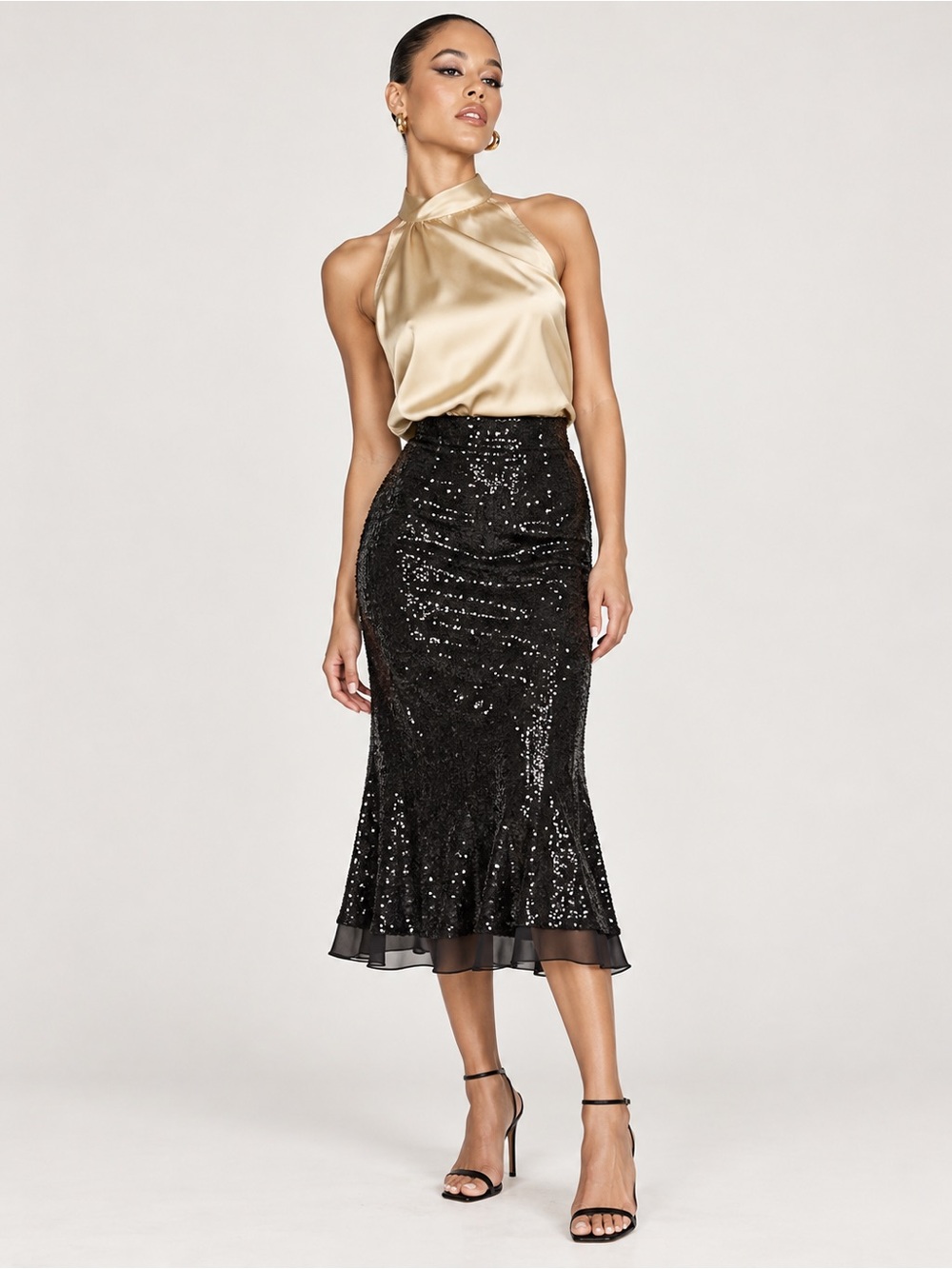 J. Crew Black Sequin Midi Flared-Hem Skirt